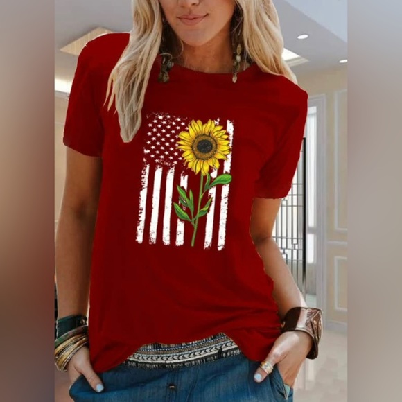 🇺🇸Sunflower & American Flag Graphics Polyester Cotton Blend T-Shirt! - Picture 2 of 7